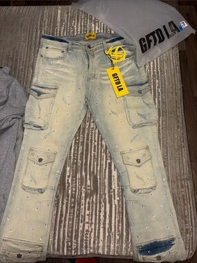 Men’s Light Blue Distressed Cargo Jeans